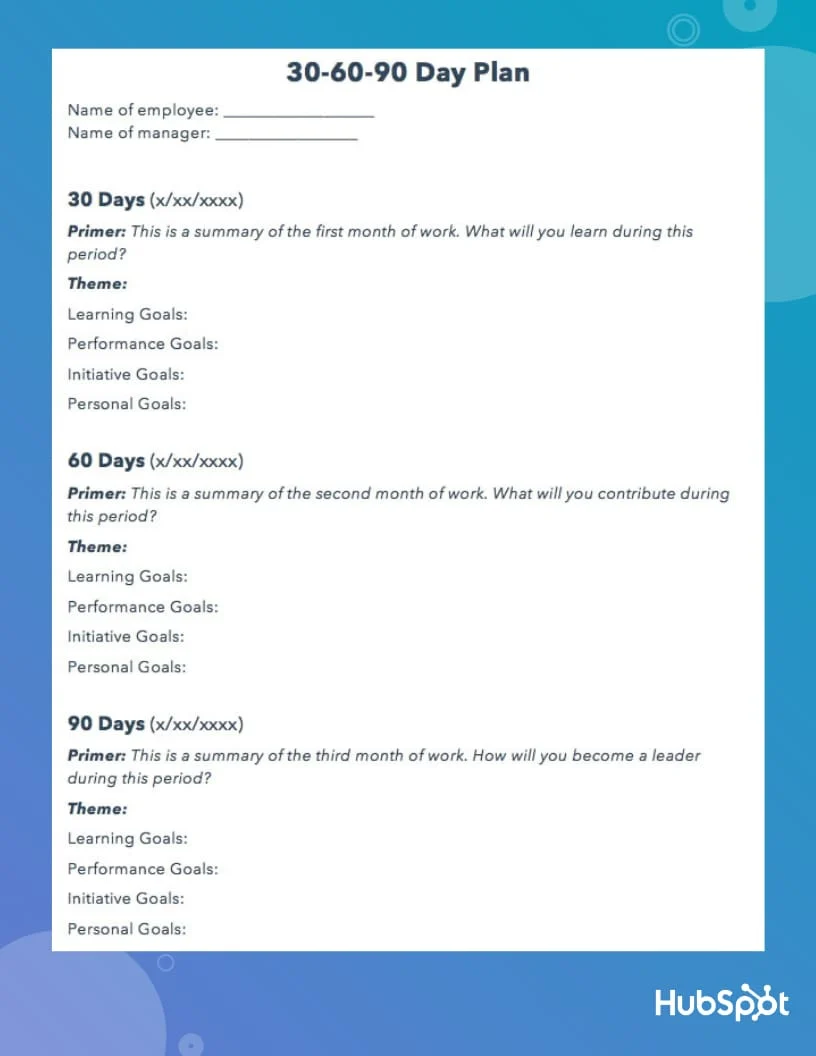 HubSpot 提供的 30-60-90 天计划模板